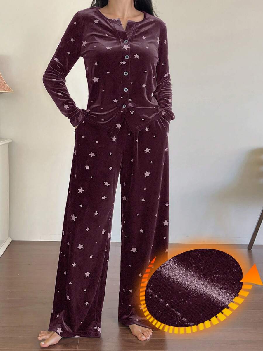 DAZY 2件套女士星形印花丝绒长袖开衫和长裤睡衣套装,秋冬款 - 淺灰紫 - 查看 1