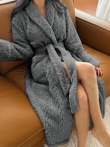 DAZY Women's Minimalist Textured Fleece Long Robe, Winter Loungewear - Grey - View 6