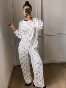 DAZY 2pcs Women Bear Print Loose Long Sleeve T-Shirt And Pants Pajama Set - White - View 6