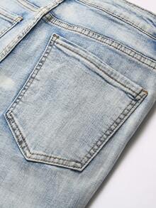 Manfinity Roughcore 男士休闲时尚街头破洞拼接条纹做旧水洗牛仔裤 - 淺色水洗藍 - 查看 6