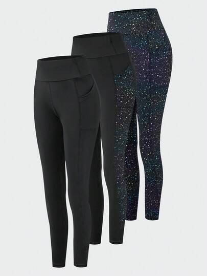 3pcs/Set Teen GirlCasual Professional Sports Fabric, High Elasticity, Foil Printing Fashion Leggings