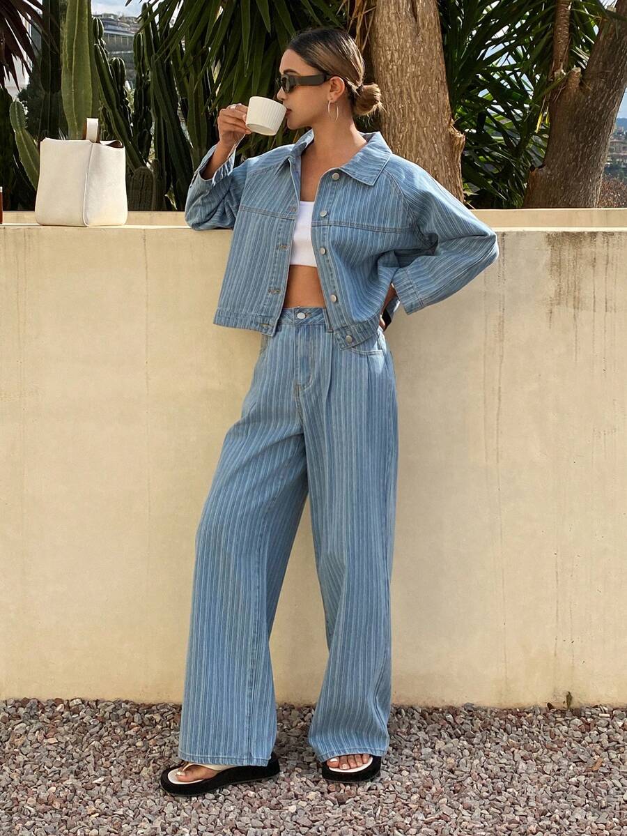 Livesso Women's Casual Commuter Denim Jacket And Pants Set - Light Wash - View 1