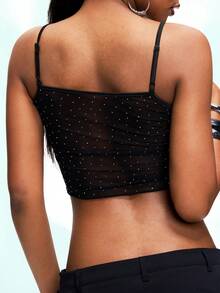 TypaGal Camiseta corta ajustada y sexy de mujer con malla de strass y drapeado - Negro - Ver 7