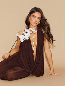 Silquee 女士时尚性感深V露背连体衣 - 棕色 - 查看 8