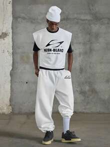 NEON BLANC 男士加大码休闲宽松白色背心，带印花缝制标签 - 白色 - 查看 1