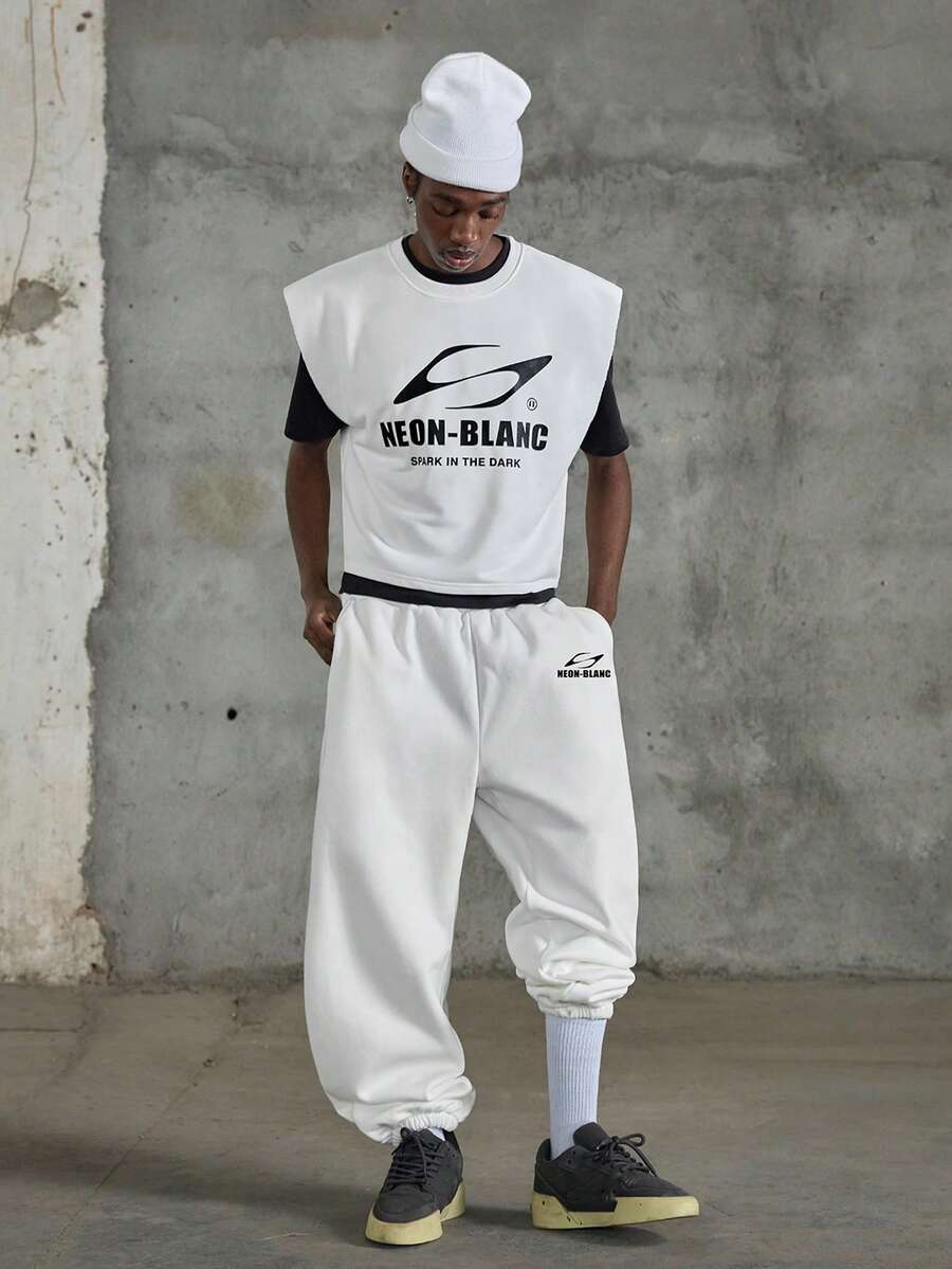 NEON BLANC 男士加大码休闲宽松白色背心，带印花缝制标签 - 白色 - 查看 1