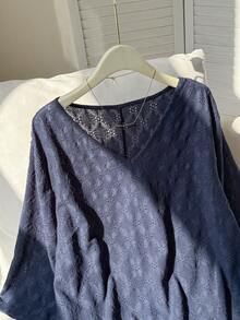 Lacomfia Plus Size 3/4 Sleeve Jacquard Knit Casual T-Shirt - Navy Blue - View 4