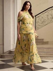 ZEYLAH Neck Tie Dye Elegant Romantic Vacation Dress, Spring/Summer - Yellow - View 5