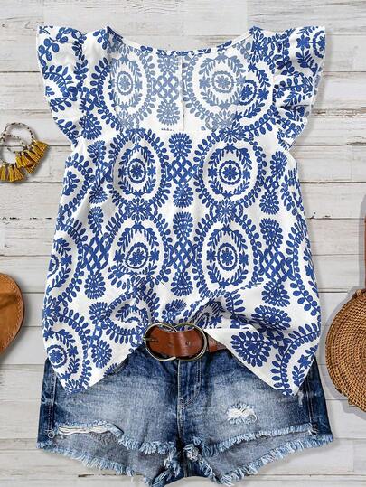 Linhara Blusa casual de verano para mujer de talla grande con estampado floral, cuello cuadrado y mangas con volantes, para vacaciones. Blusa de verano azul y blanca, top de verano bohemio, tops casuales de verano