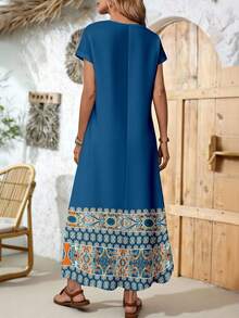 EMERY ROSE 休闲女式蓝色波西米亚风长款连衣裙，多色随机印花，圆领，短袖，带口袋，休闲款 - 彩色 - 查看 2