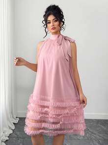 Elenzga 新款粉色浪漫网纱优雅连衣裙。 - 粉色 - 查看 1