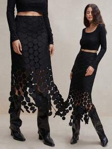 Anewsta Petite 女士新款夏季镂空优雅黑色蕾丝流苏裙摆半身裙，适合度假穿着 - 黑色 - 查看 8