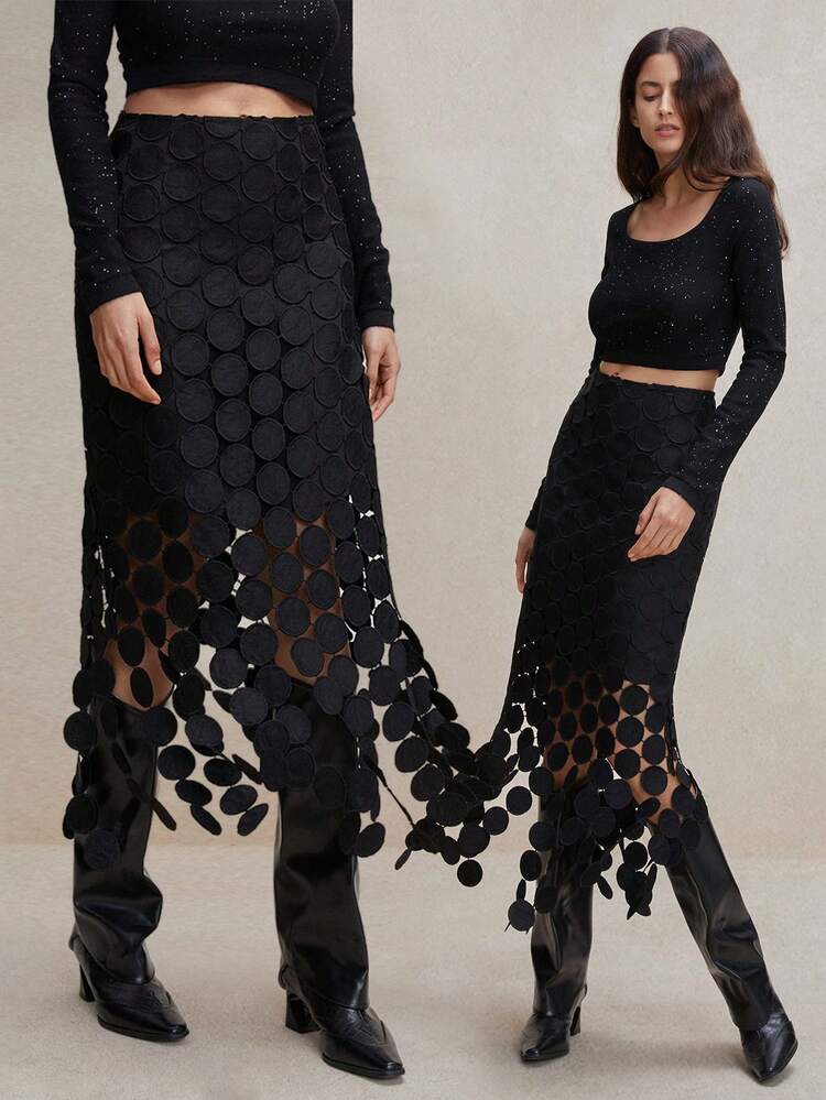 Women's New Summer Lace Hollow Out Elegant Black Lace Tassel Hem Skirt, Suitable For Vacation