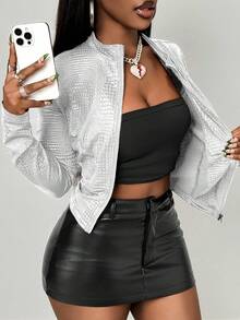 BamGleam Burgundy Faux Leather Texture Slim Fit Zip-Up Jacket With Stand Collar - Silver - View 8