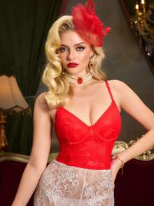 PinupPomp Women's Shapewear Top, Lace Patchwork, Suitable For Music Festival, Vacation, Party, Pinup Glam Style - Red - View 4