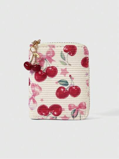 ROMWE Kawaii Portefeuille court en velours côtelé avec motif de cerises, pour l'automne et l'hiver