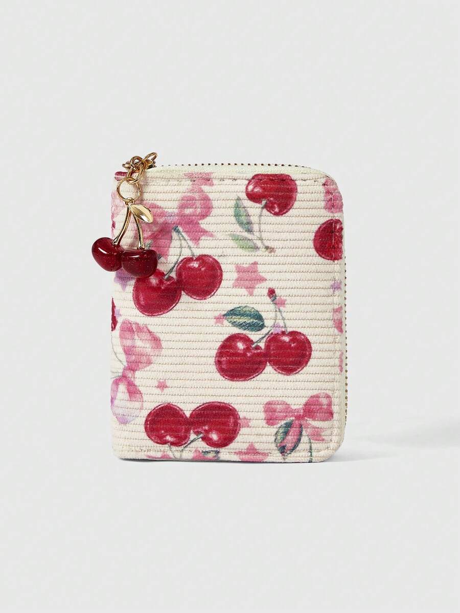 ROMWE Kawaii Corduroy Fruit Cherry Plush Autumn And Winter Short Wallet - cherry - View 1