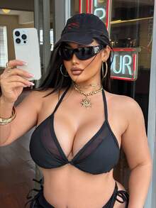 Swim SXY 2026 Women's Summer Beach Bikini Top, Fashion Swimwear With Mesh Splice Halter Tie Neck Triangle Sexy Casual Versatile For Party & Holiday - Black - View 8