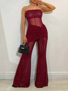 SHEIN BAE 黑色夏季性感音乐节海滩度假夜店套装，包括抹胸蕾丝T恤、网纱针织抽绳修身裙裤和喇叭裤，适合演唱会、乡村音乐会等场合，性感服装，女士连体裤，万圣节服装。 - 酒紅色 - 查看 6