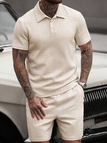 Manfinity CasualCool Men's Solid Color Button-Up Polo Shirt And Slant Pocket Shorts Set Cream Outfit Men Men Summer Sweatsuit Men Two Piece Set Summer Men Two Piece Casual Short Sets Men Co Ord Set Old Money,Daily Leisure, Weekend Trips, Outdoor Activities, Travel Expeditions, Relaxed Work Environments Or Semi-Formal Occasions, Boyfriend/Husband Gift, Anniversary /Birthday Gift Party Summer Vacation Holiday New Years Wedding Valentine's Day Beige Men Outfit - Apricot - View 4