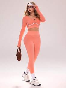 Sovereign Charm 女士交叉绑带长袖上衣和高腰紧身打底裤休闲日常户外健身运动套装 - 藕粉色 - 查看 6