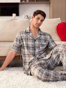 SHEIN Plaid Print Lapel Collar Men's Loungewear Set - Multicolor - View 6