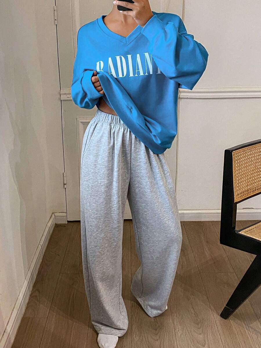 DAZY Women Casual Loose Graphic Print Long Sleeve V-Neck Top And Pants 2 Pieces Set