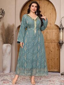 Al Najma Plus Size Women V-Neck All-Over Print Fringe Decor Long Sleeve Arabic Style Dress - Green - View 6
