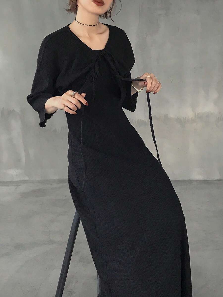 FRIFUL Women's Solid Color Textured Fabric Cinched Waist Flared Loose Casual Versatile 2 Pieces Set - Black - View 1