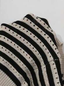 SHEIN Elenzya 2 peças/Conjunto Colete Slim de Tricô Listrado e Saia Longa Reta Conjunto de Suéter Feminino da Moda - Preto e Branco - Visão 7