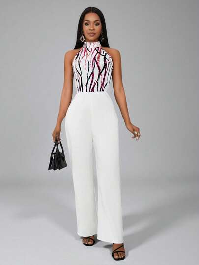 Lyxana Women's Elegant Printed Halter Jumpsuit