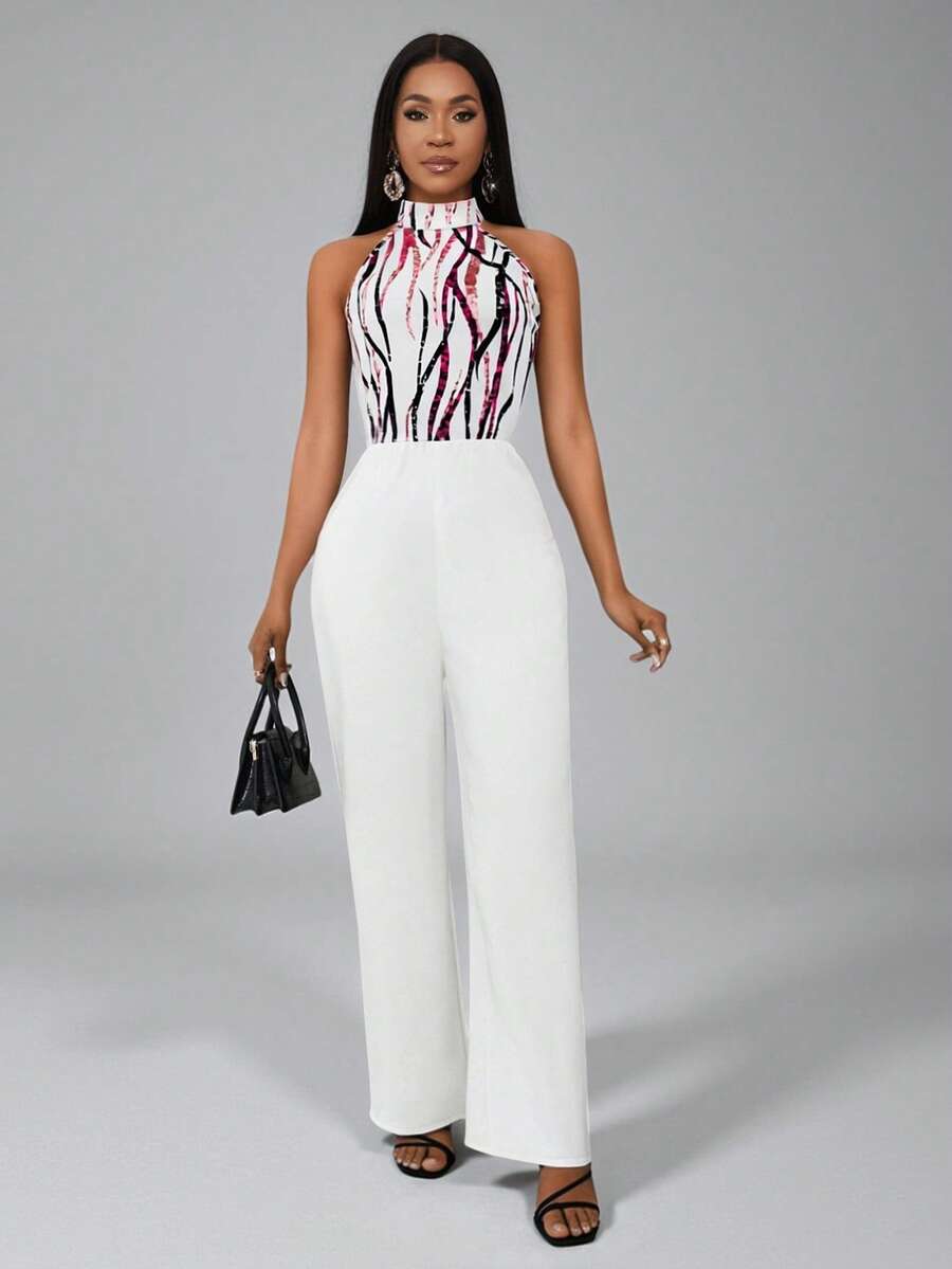 Lyxana Women's Elegant Printed Halter Jumpsuit - White - View 1