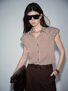 Lumivelle Women's Sleeveless Striped Shirt With Built-In Shoulder Pads, Retro Urban Chic Elegant Sleeveless Blouse Brown Shirt Women Striped Blouse Business Casual Tops Woman - Brown - View 6