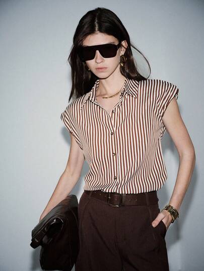 Lumivelle Women's Sleeveless Striped Shirt With Built-In Shoulder Pads, Retro Urban Chic Elegant Sleeveless Blouse