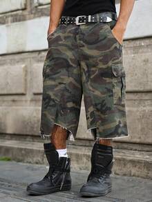 Manfinity EMRG Men's Casual Multi-Pocket Loose Hem Camouflage Denim Shorts Mens Camo Cargo Shorts Camo Baggy Shorts - Army Green - View 8