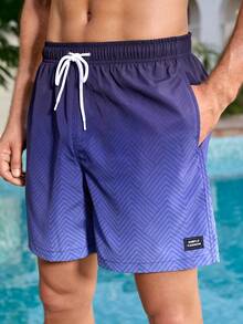 Manfinity VDAYZ Men's Blue Fade Patterned Fabric Beach Shorts With Drawstring Waist And Pockets Sport Outdoor Style - Blue - View 3