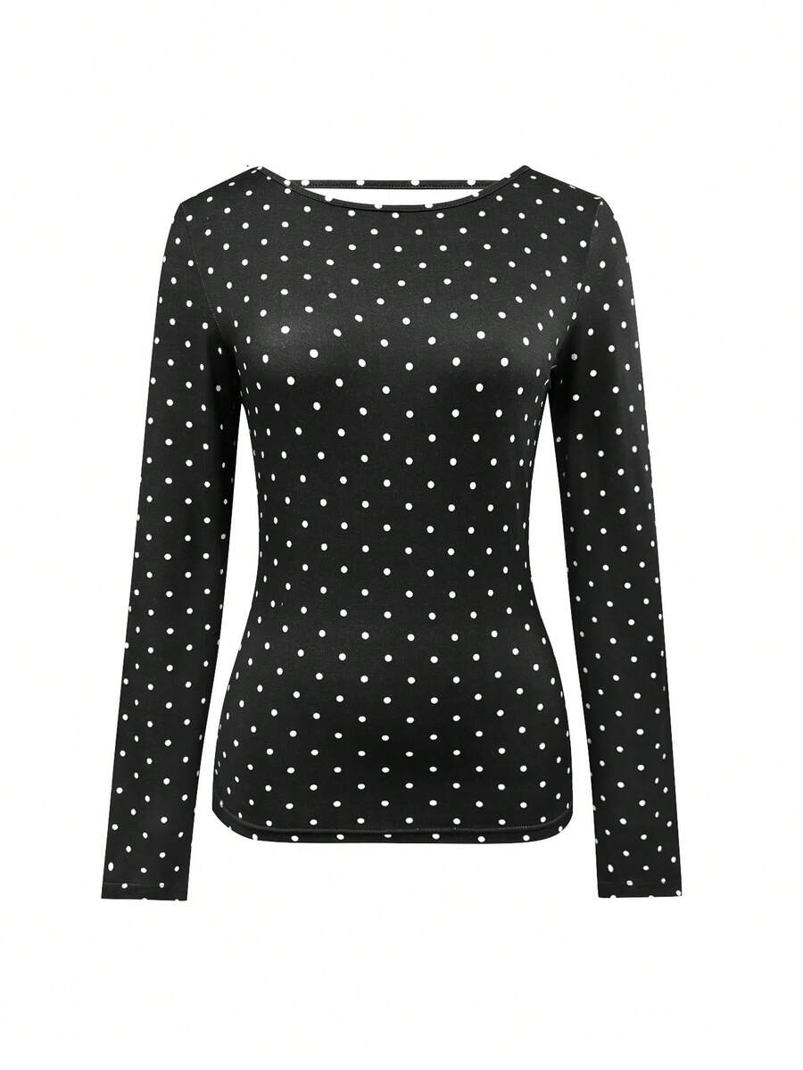 Rina Fox 女士休闲性感露背波点印花长袖T恤，秋季款 - 彩色 - 查看 1
