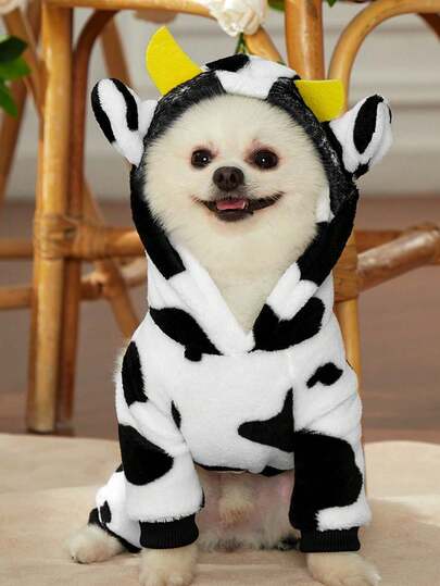 PETSIN 1 Piece Cute Little Cow Cosplay Black And White Leopard Print Pet Hooded Sweatshirt For Autumn And Winter, Thick Warm Flannel Pet Clothes