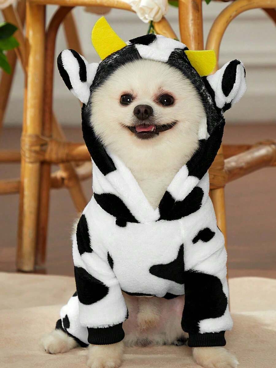 PETSIN 1 Piece Cute Little Cow Cosplay Black And White Leopard Print Pet Hooded Sweatshirt For Autumn And Winter, Thick Warm Flannel Pet Clothes - Multicolor - View 1