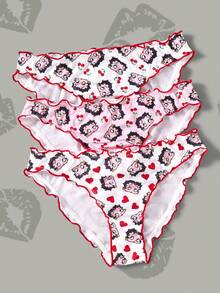 Betty Boop x SHEIN Women's Cartoon Character & Heart All-Over Print Contrast Lettuce Trim Briefs