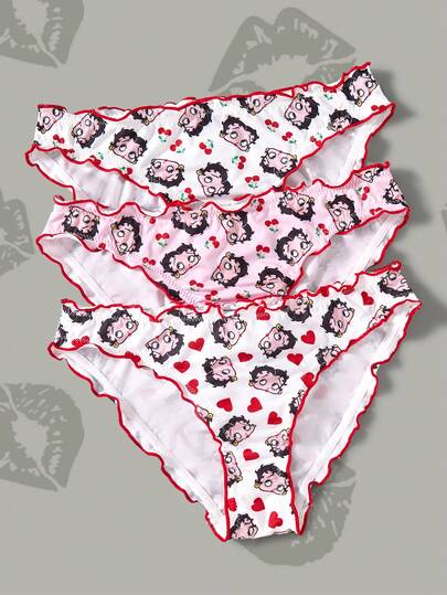 Betty Boop x SHEIN Women's Cartoon Character & Heart All-Over Print Contrast Lettuce Trim Briefs