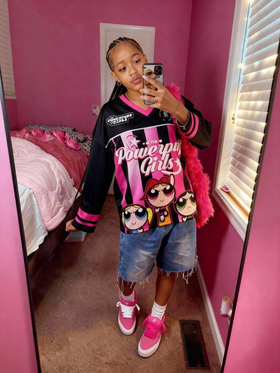 THE POWERPUFF GIRLS X SHEIN Tween Girl Tie Dye Striped Blossom, Bubbles, Buttercup Pattern Colorblock V-Neck Loose Raglan Long Sleeve Sporty T-Shirt - Pink - View 1