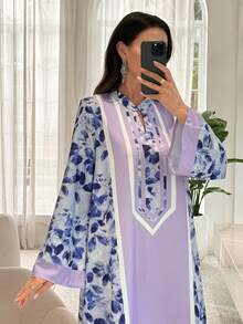 Al Najma Elegant Floral Print Arabic Style Dress With Small Stand Collar And Front Button Closure, Purple - Multicolor - View 4