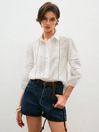 ATUI Studio Women's Fashion Casual Embroidered Mesh Single-Breasted Long Sleeve Shirt