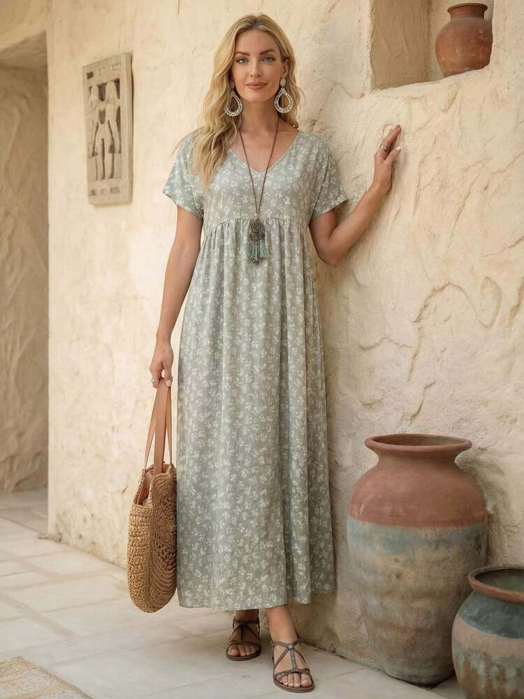 Vestido con estampado floral diminuto, cuello en V y bolsillo oculto - Multicolor - Añade 5