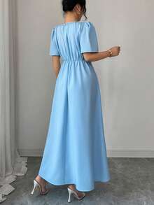 Elenzga 女士优雅春季荷叶边袖收腰简约纯色A字长连衣裙，适合约会、外出和学生穿着 - 藍色 - 查看 2