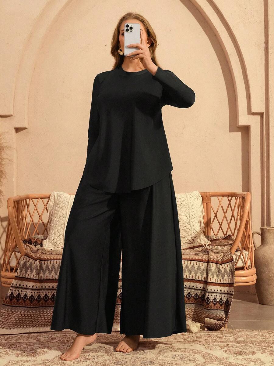 Swim Mulvari Bộ 2 món cỡ lớn gồm áo và quần ống rộng ôm dáng bằng vải dệt kim màu trơn, kiểu Abaya Trung Đông. - màu đen - Xem 1