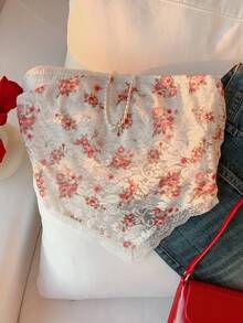 Comfortcana 2026新款时尚休闲碎花蕾丝抹胸上衣，夏季上衣，适合情人节、春夏假期、春假、狂欢节、海滩派对、生日聚会等各种场合，休闲抹胸上衣，Y2K风格印花上衣 - 粉色 - 查看 5