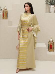 Al Najma 女士优雅几何印花喇叭袖阿拉伯风格连衣裙，秋季 - 彩色 - 查看 5