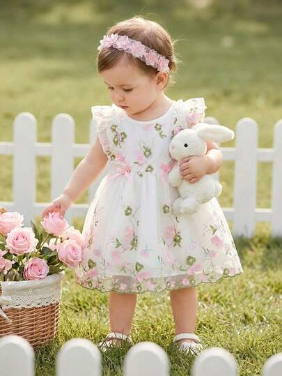 Souflis Souflis French Retro New Baby Girls' Sweet Ruffle Sleeveless Embroidered Mesh Princess Dress, Suitable For Holidays, Vacation, Parties And More, Spring/Summer Elegant Baby Dress Baby Garden Dress Baby Flower Dress Baby Girl Floral Embroidery Dress Baby Tea Party Dress